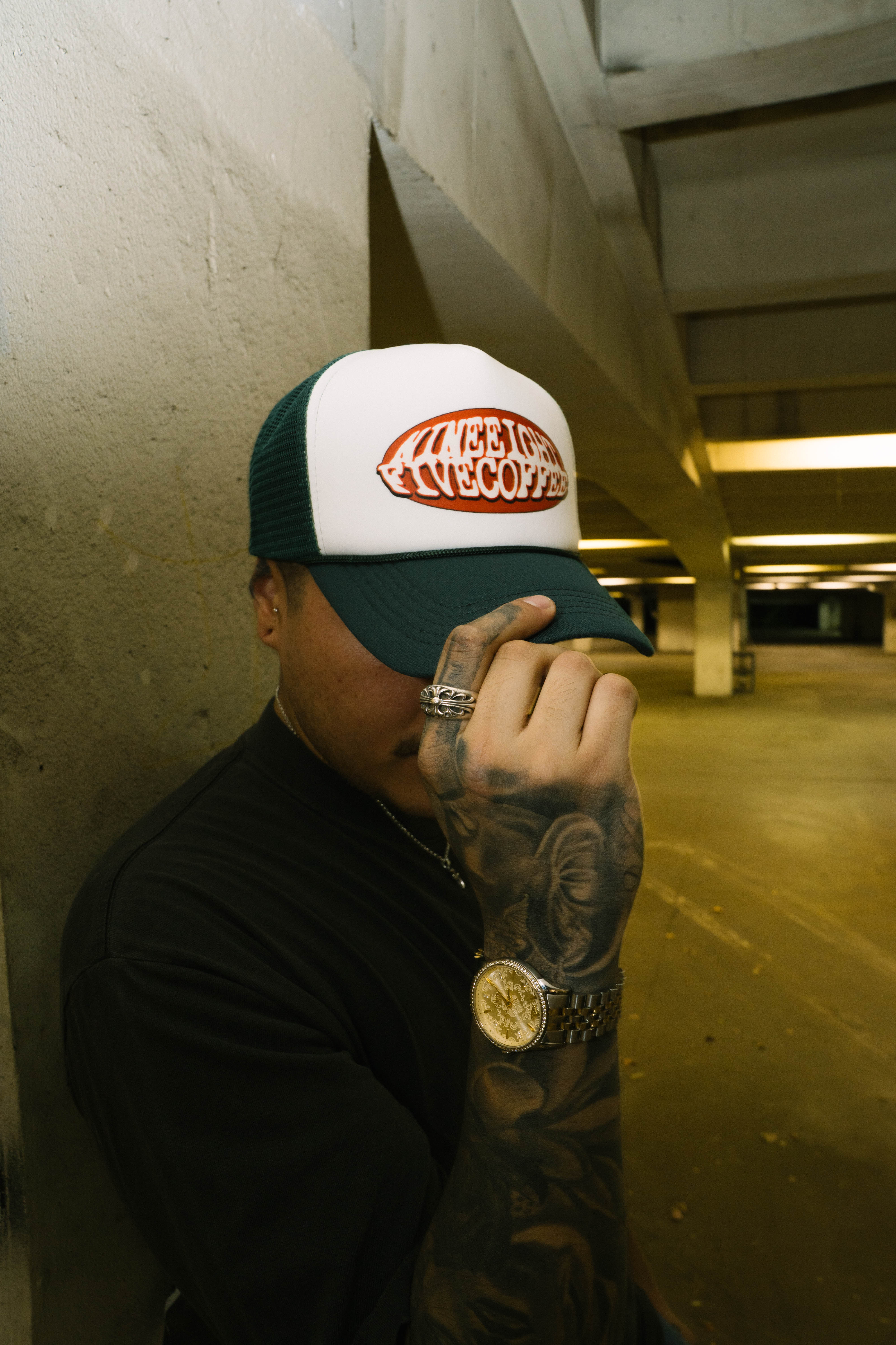 Nine Eight Five Coffee green trucker hat
